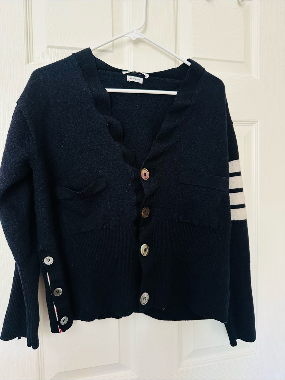 Thom Browne Navy Cardigan with White Sleeve Stripes